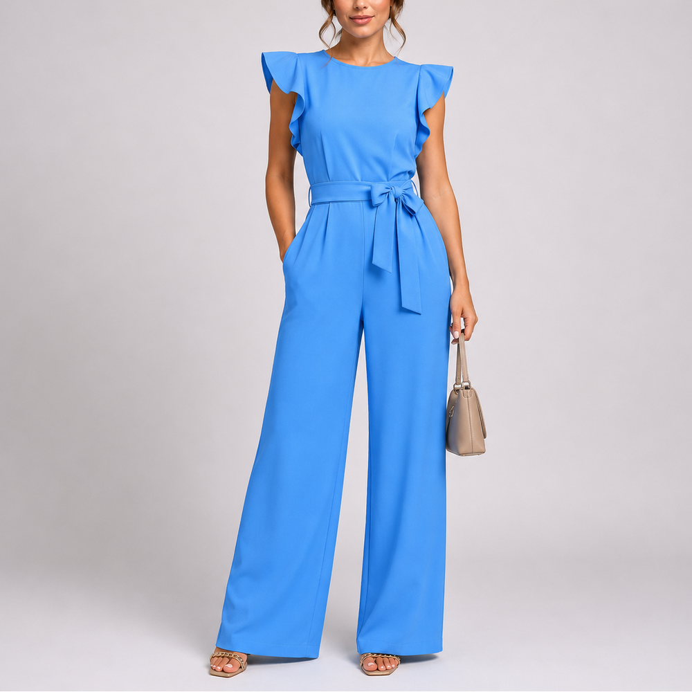Women’s Elegant Wide-Leg Jumpsuit with Ruffle Sleeves and Tie Waist 1