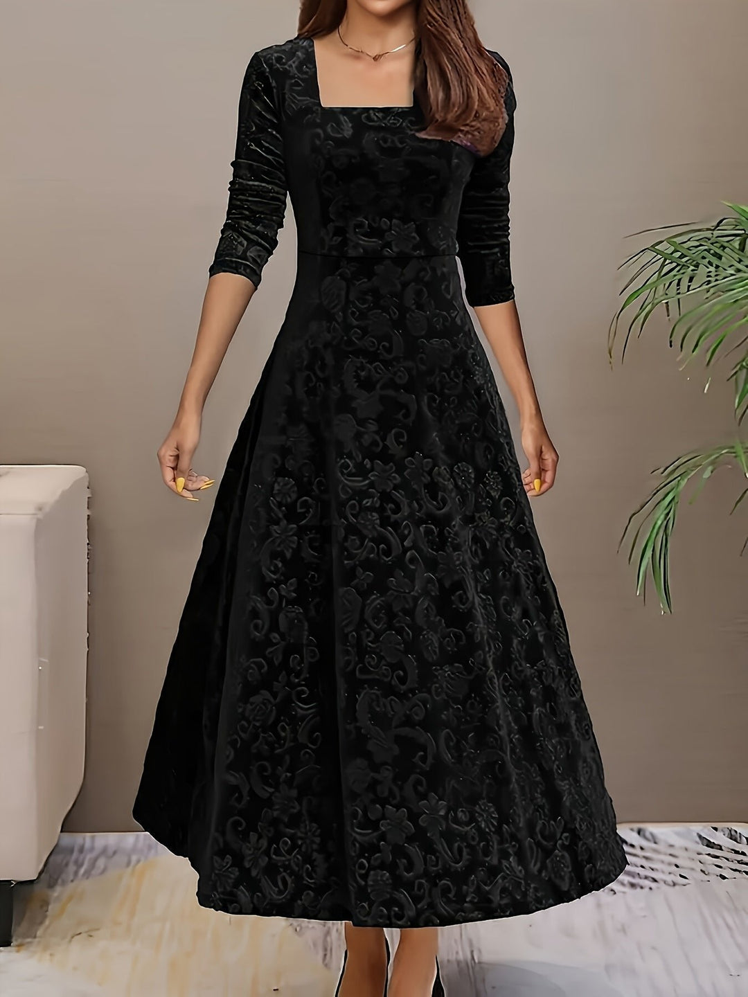 Women’s Embossed Velvet Midi Dress Elegant A-Line with Square Neckline 0