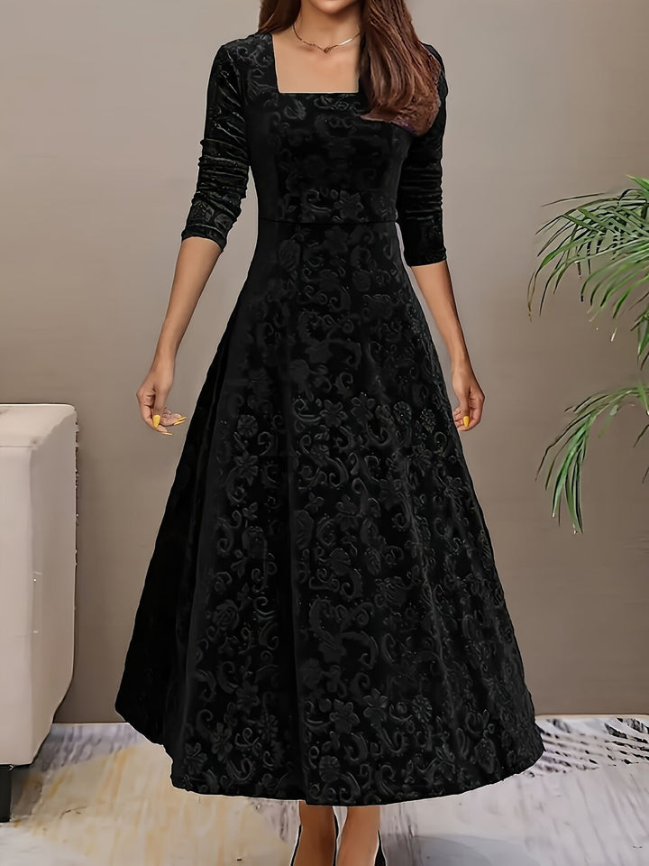 Women’s Embossed Velvet Midi Dress Elegant A-Line with Square Neckline 0