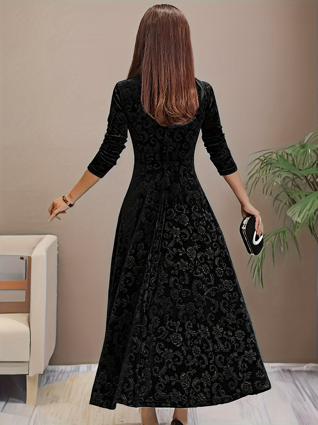 Women’s Embossed Velvet Midi Dress Elegant A-Line with Square Neckline 1
