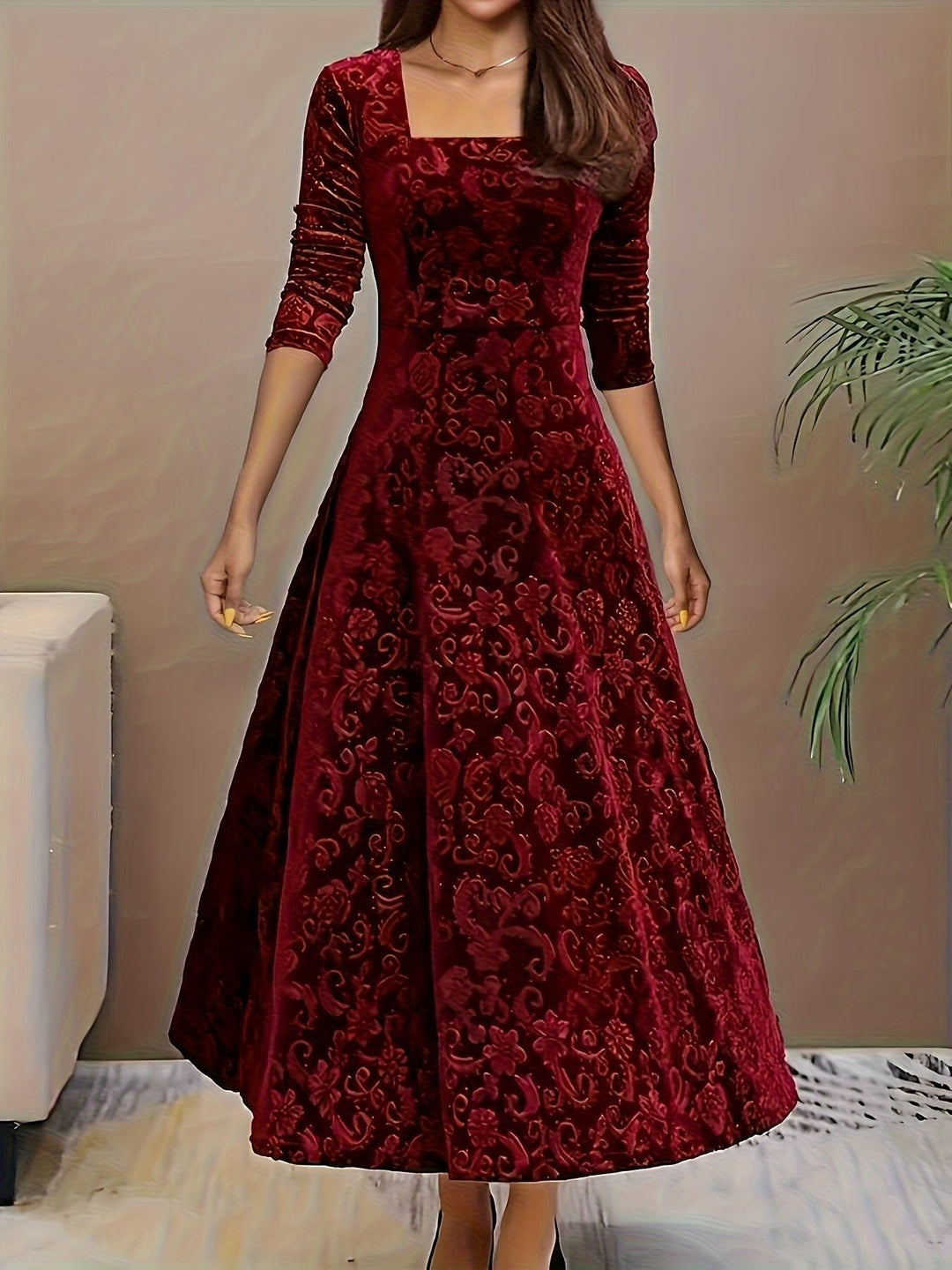 Women’s Embossed Velvet Midi Dress Elegant A-Line with Square Neckline 2