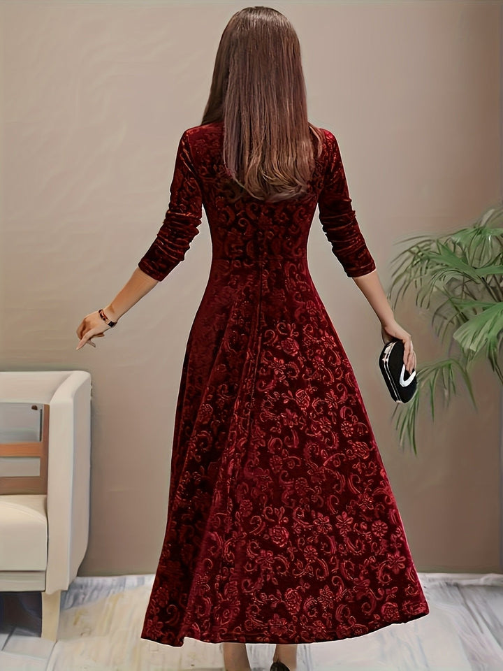 Women’s Embossed Velvet Midi Dress Elegant A-Line with Square Neckline 3