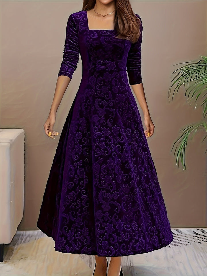 Women’s Embossed Velvet Midi Dress Elegant A-Line with Square Neckline 4