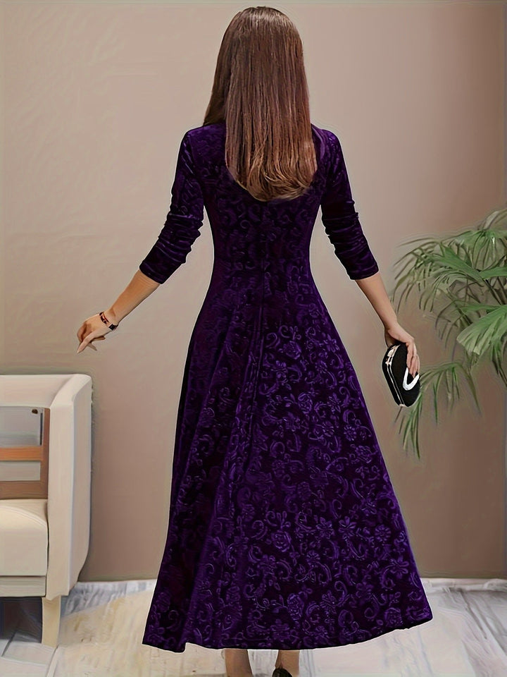 Women’s Embossed Velvet Midi Dress Elegant A-Line with Square Neckline 5