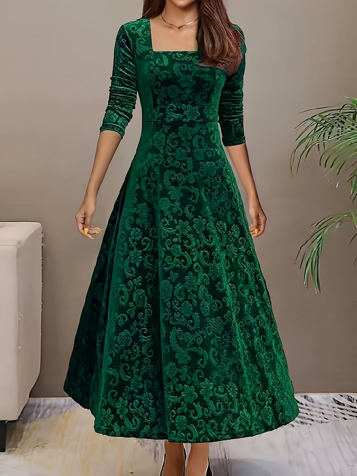 Women’s Embossed Velvet Midi Dress Elegant A-Line with Square Neckline 6
