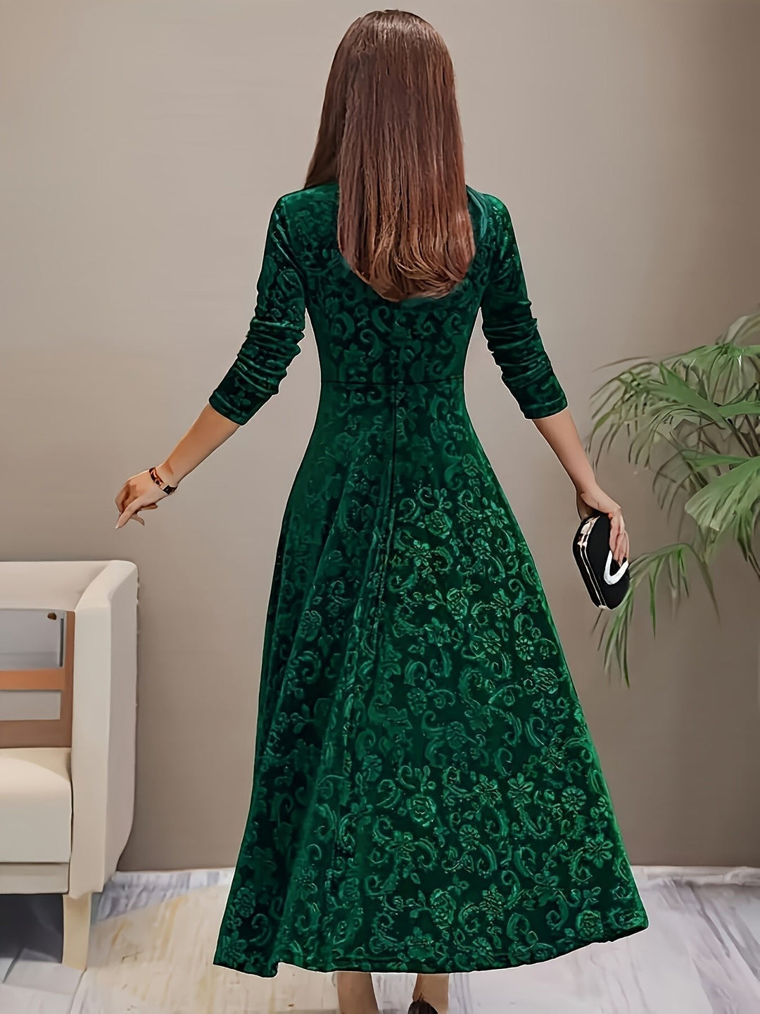 Women’s Embossed Velvet Midi Dress Elegant A-Line with Square Neckline 7