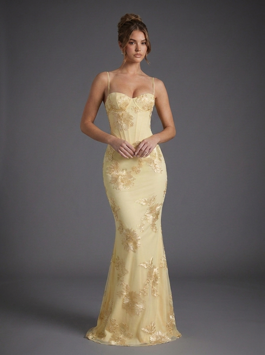 Women’s Embroidered Fishtail Maxi Dress Elegant Corset Design 0