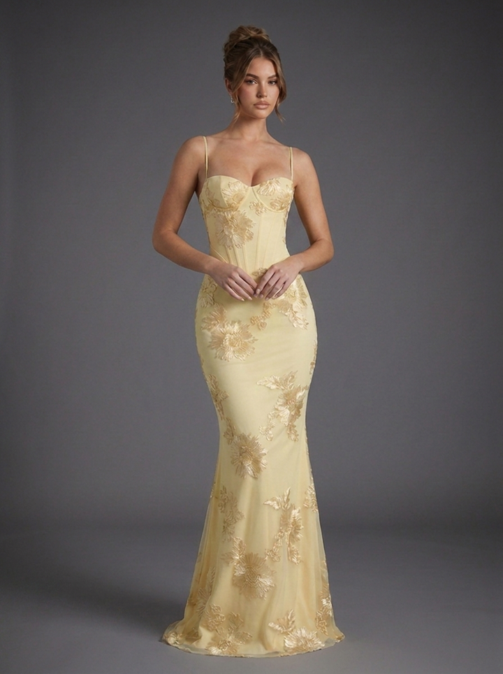 Women’s Embroidered Fishtail Maxi Dress Elegant Corset Design 0