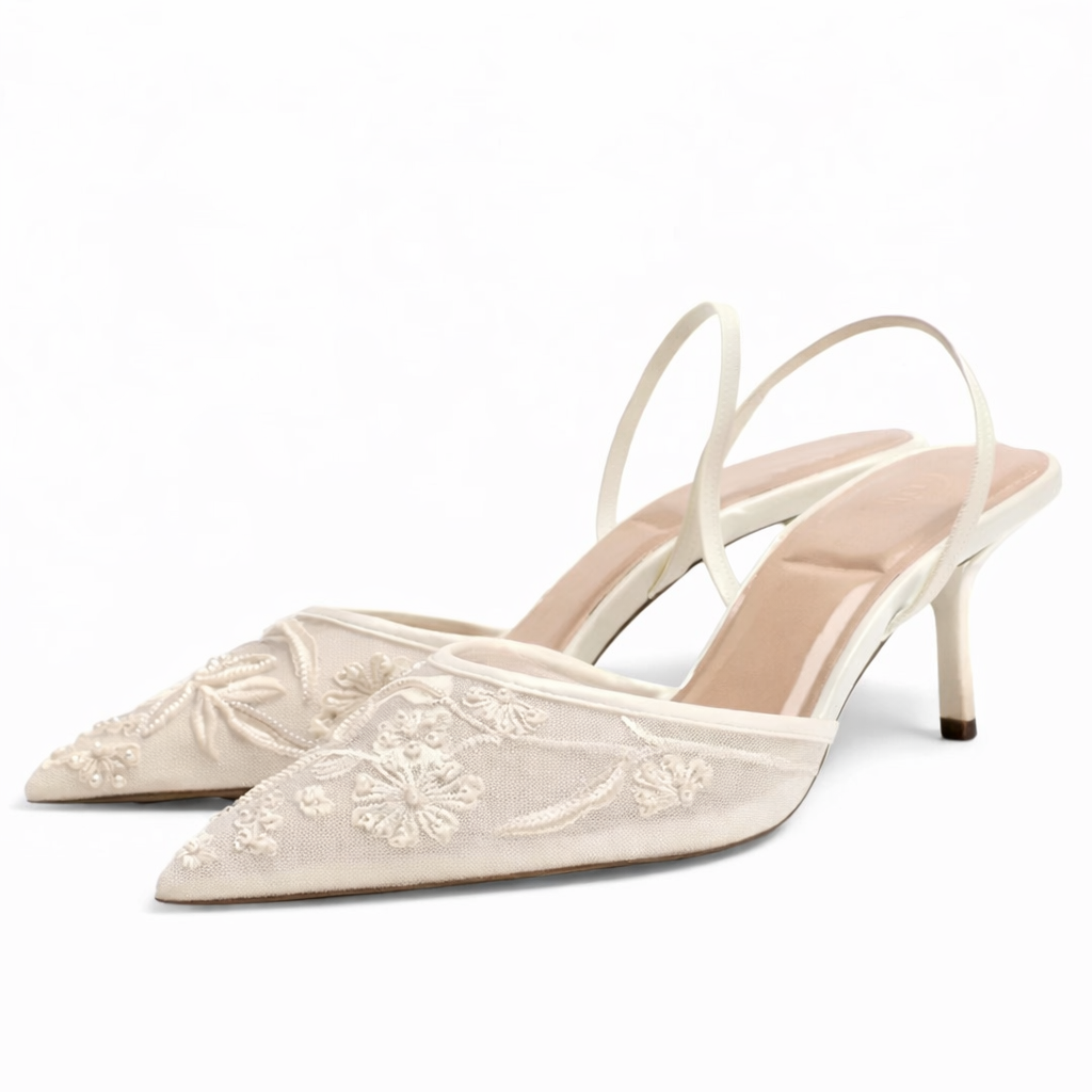 Women’s Embroidered Mesh Mule Heels Floral Design Pointed Toe 1
