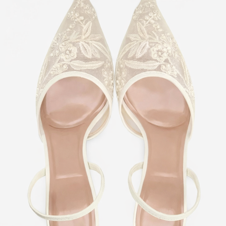 Women’s Embroidered Mesh Mule Heels Floral Design Pointed Toe 2