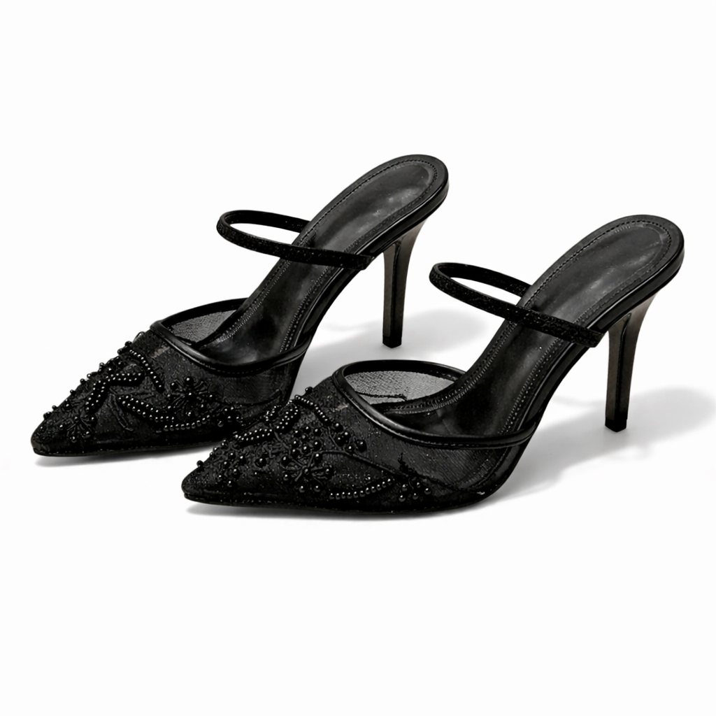 Women’s Embroidered Mesh Mule Heels Floral Design Pointed Toe 4
