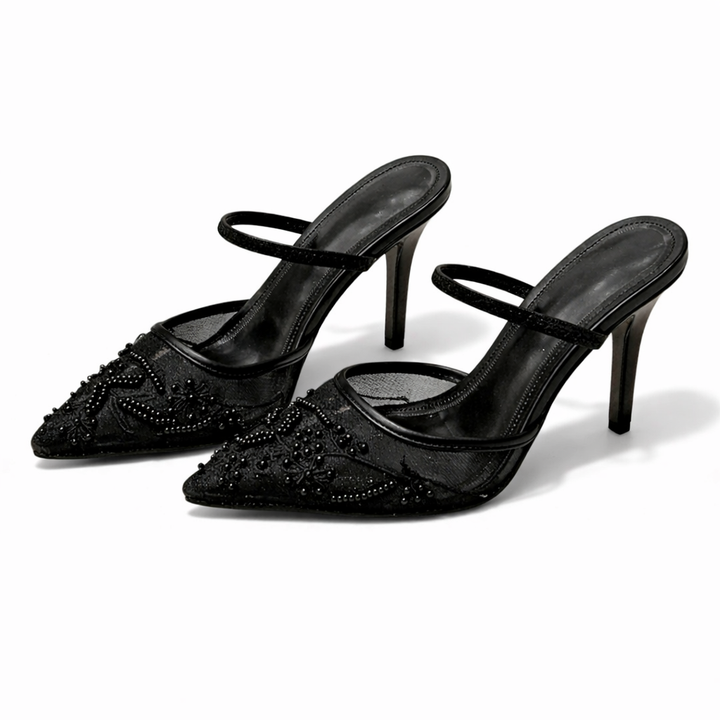 Women’s Embroidered Mesh Mule Heels Floral Design Pointed Toe 4