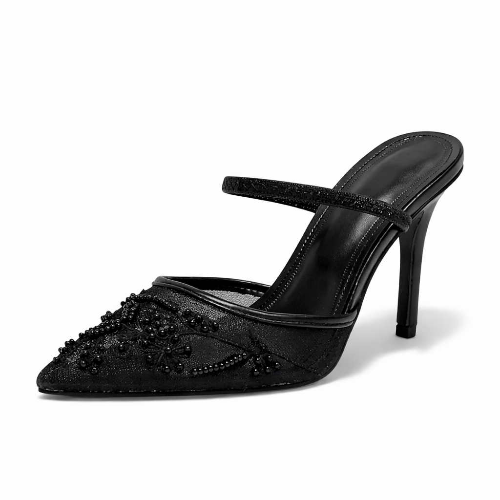 Women’s Embroidered Mesh Mule Heels Floral Design Pointed Toe 5