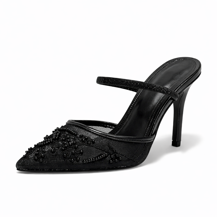 Women’s Embroidered Mesh Mule Heels Floral Design Pointed Toe 5