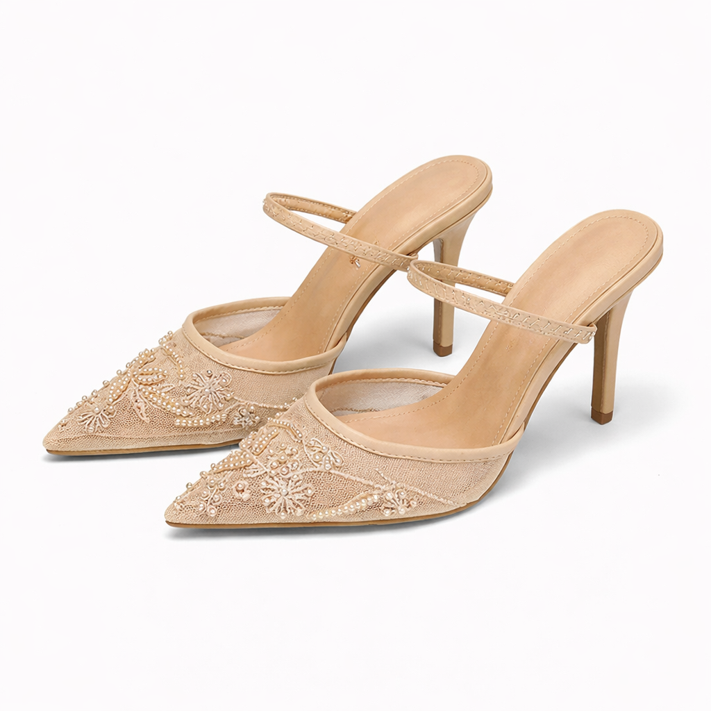 Women’s Embroidered Mesh Mule Heels Floral Design Pointed Toe 6
