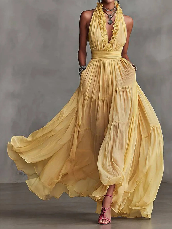 Women’s Evening Maxi Dress Elegant Pleated Skirt with Ruffle Trim 0