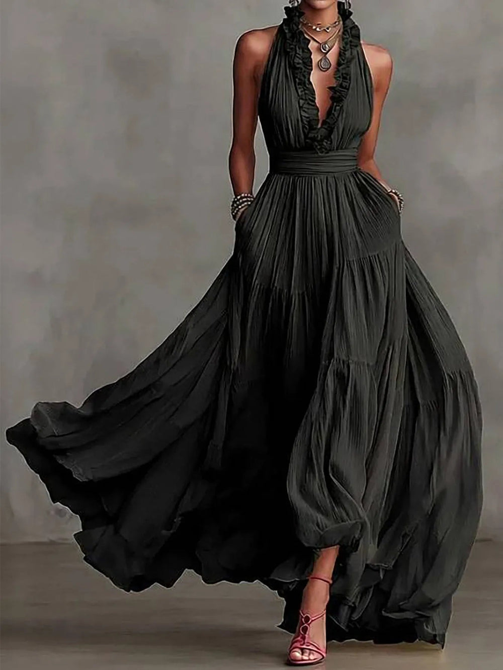 Women’s Evening Maxi Dress Elegant Pleated Skirt with Ruffle Trim 1