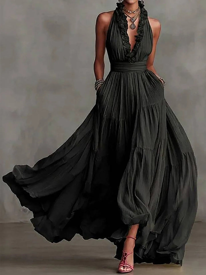 Women’s Evening Maxi Dress Elegant Pleated Skirt with Ruffle Trim 1