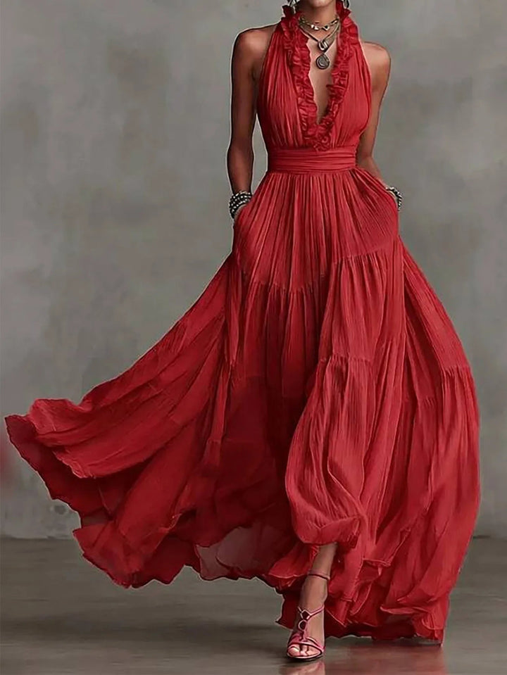 Women’s Evening Maxi Dress Elegant Pleated Skirt with Ruffle Trim 2