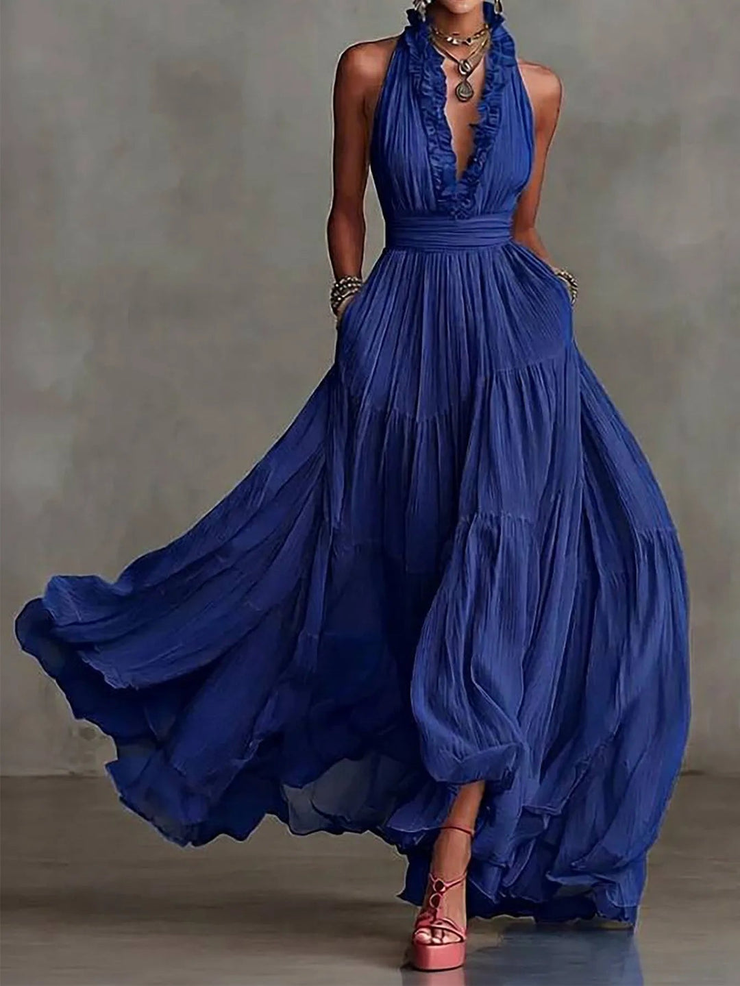 Women’s Evening Maxi Dress Elegant Pleated Skirt with Ruffle Trim 3