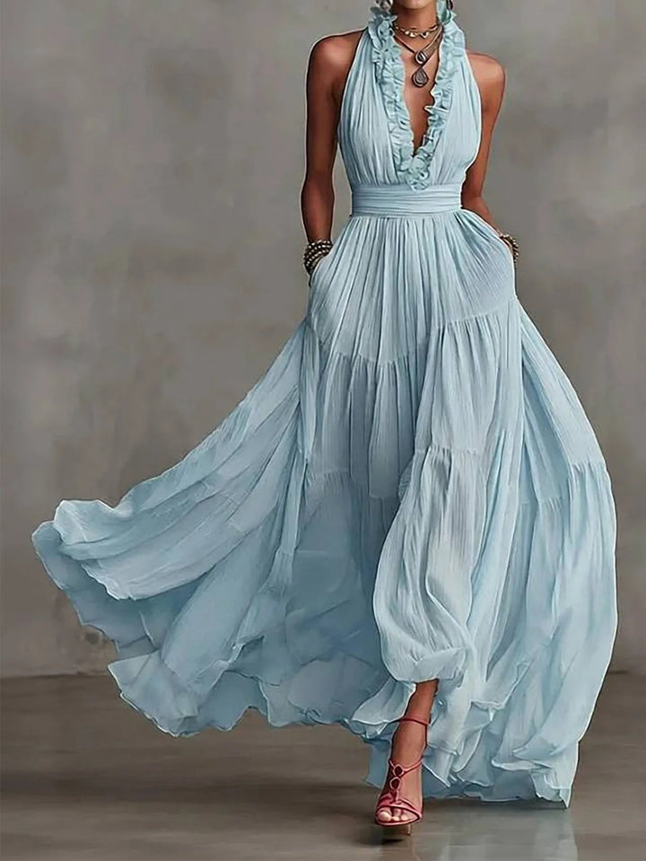 Women’s Evening Maxi Dress Elegant Pleated Skirt with Ruffle Trim 4