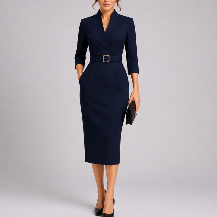 Women’s Fitted Midi Dress with Waist Belt Elegant Tailored Design 0