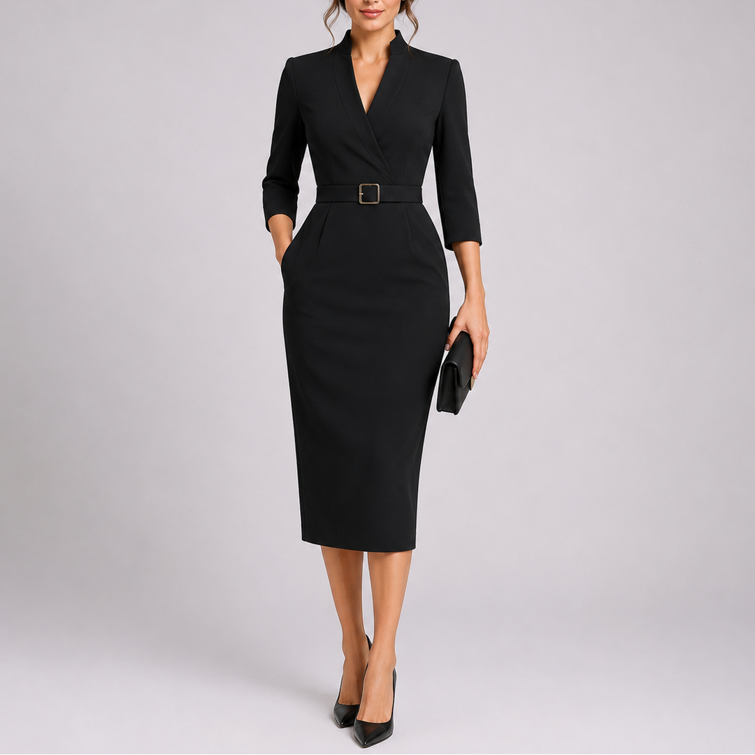 Women’s Fitted Midi Dress with Waist Belt Elegant Tailored Design 2