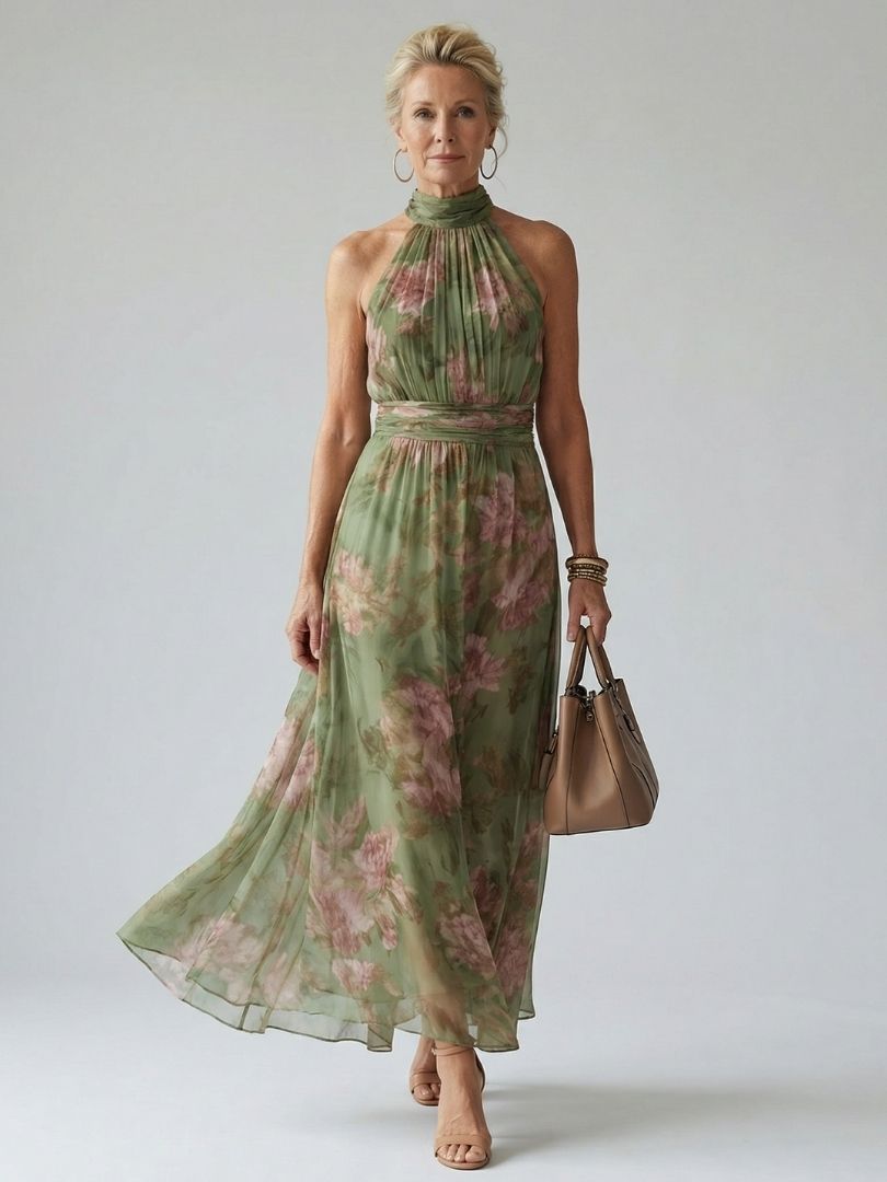 Women’s Floral Halter Midi Dress Lightweight Summer Style 0