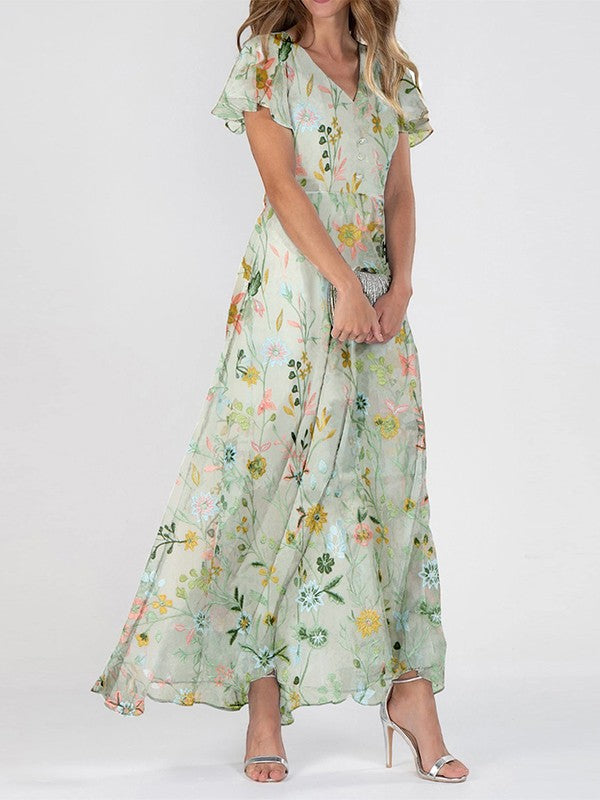 Women’s Floral Maxi Dress Elegant V Neck for Summer Outings 0