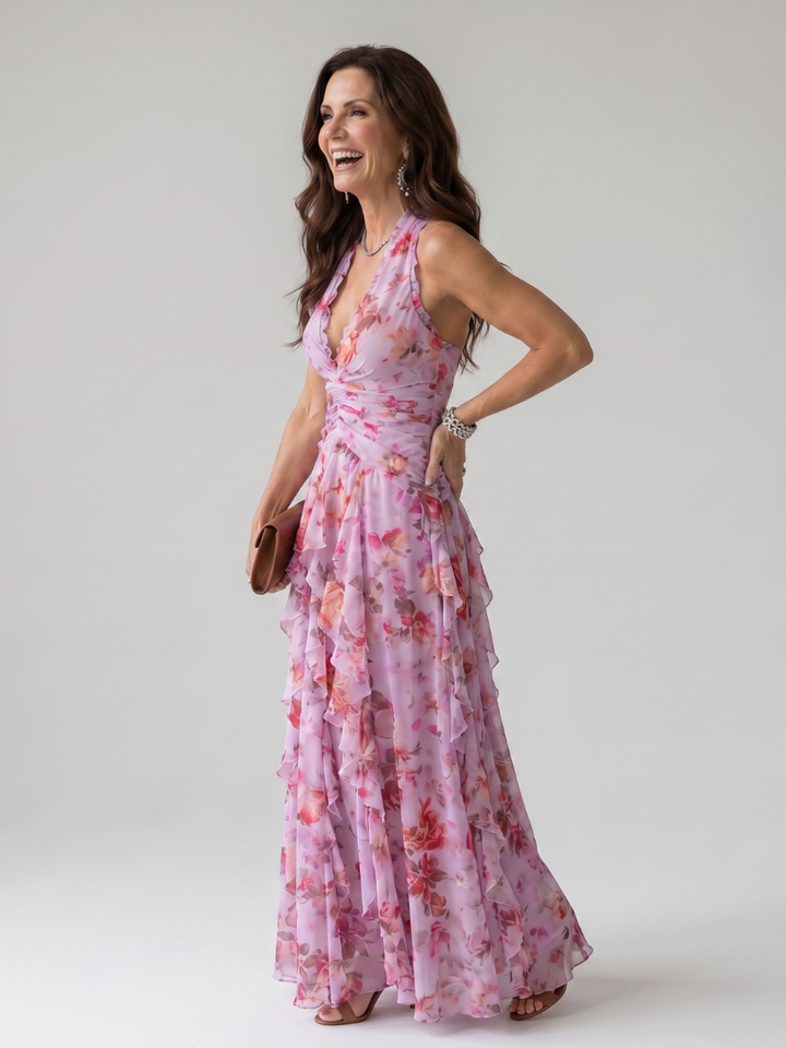 Women’s Floral Maxi Dress Halter Neck with Ruched Bodice 1