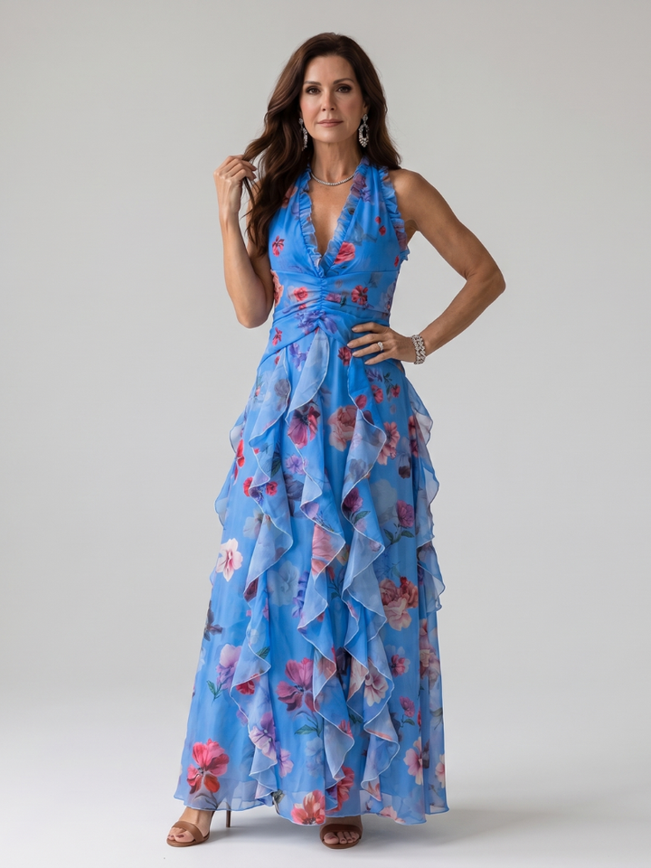 Women’s Floral Maxi Dress Halter Neck with Ruched Bodice 5