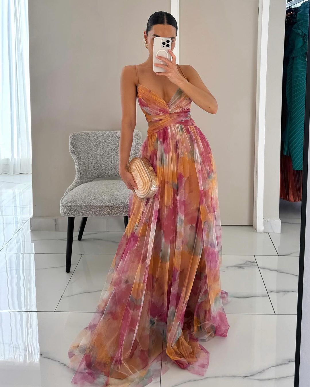 Women’s Floral Maxi Dress Lightweight V-Neck Spaghetti Strap Style 0