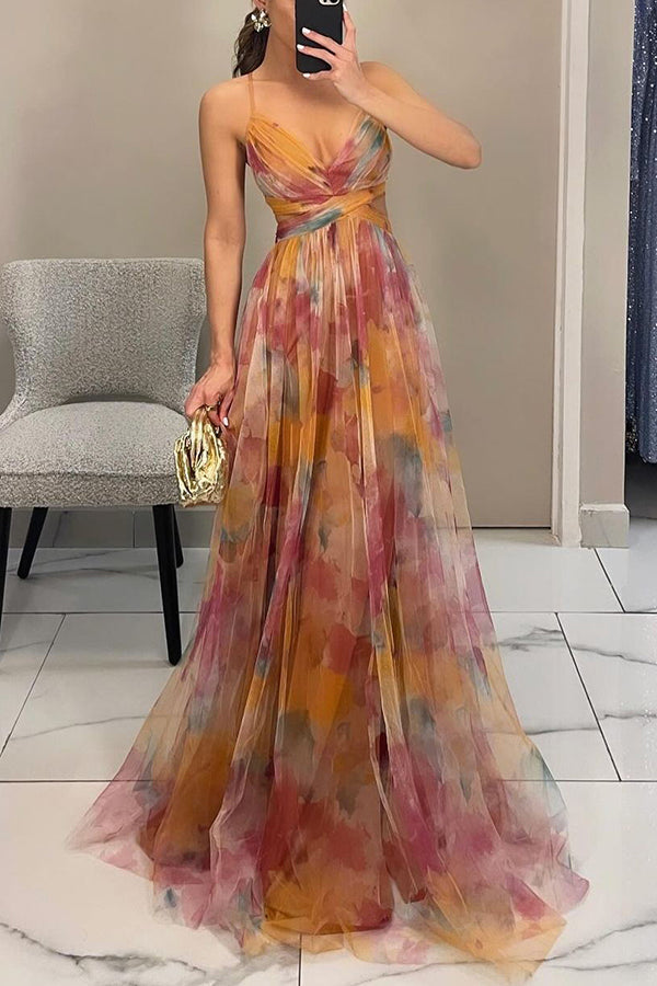 Women’s Floral Maxi Dress Lightweight V-Neck Spaghetti Strap Style 3