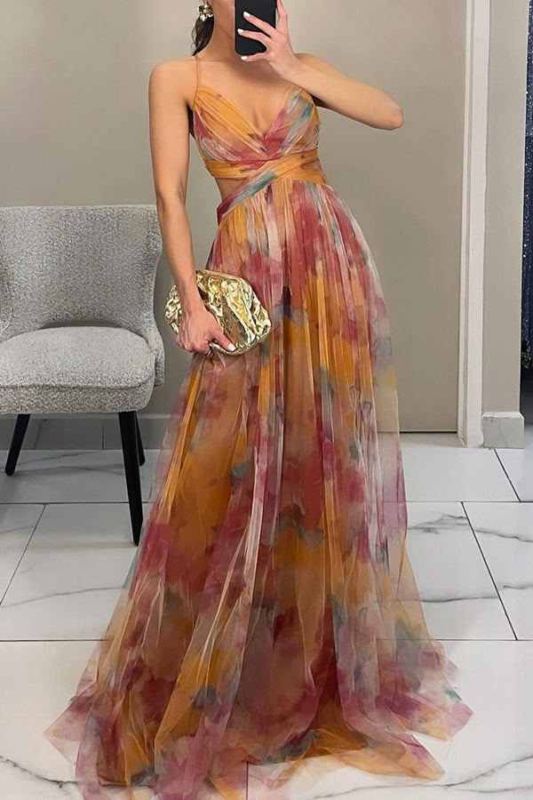 Women’s Floral Maxi Dress Lightweight V-Neck Spaghetti Strap Style 4