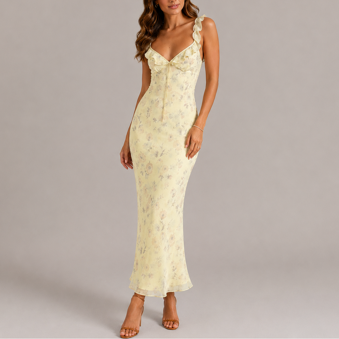 Women’s Floral Maxi Dress with Ruffle Straps and Tie Front 0