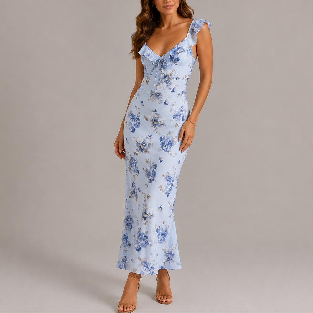 Women’s Floral Maxi Dress with Ruffle Straps and Tie Front 1