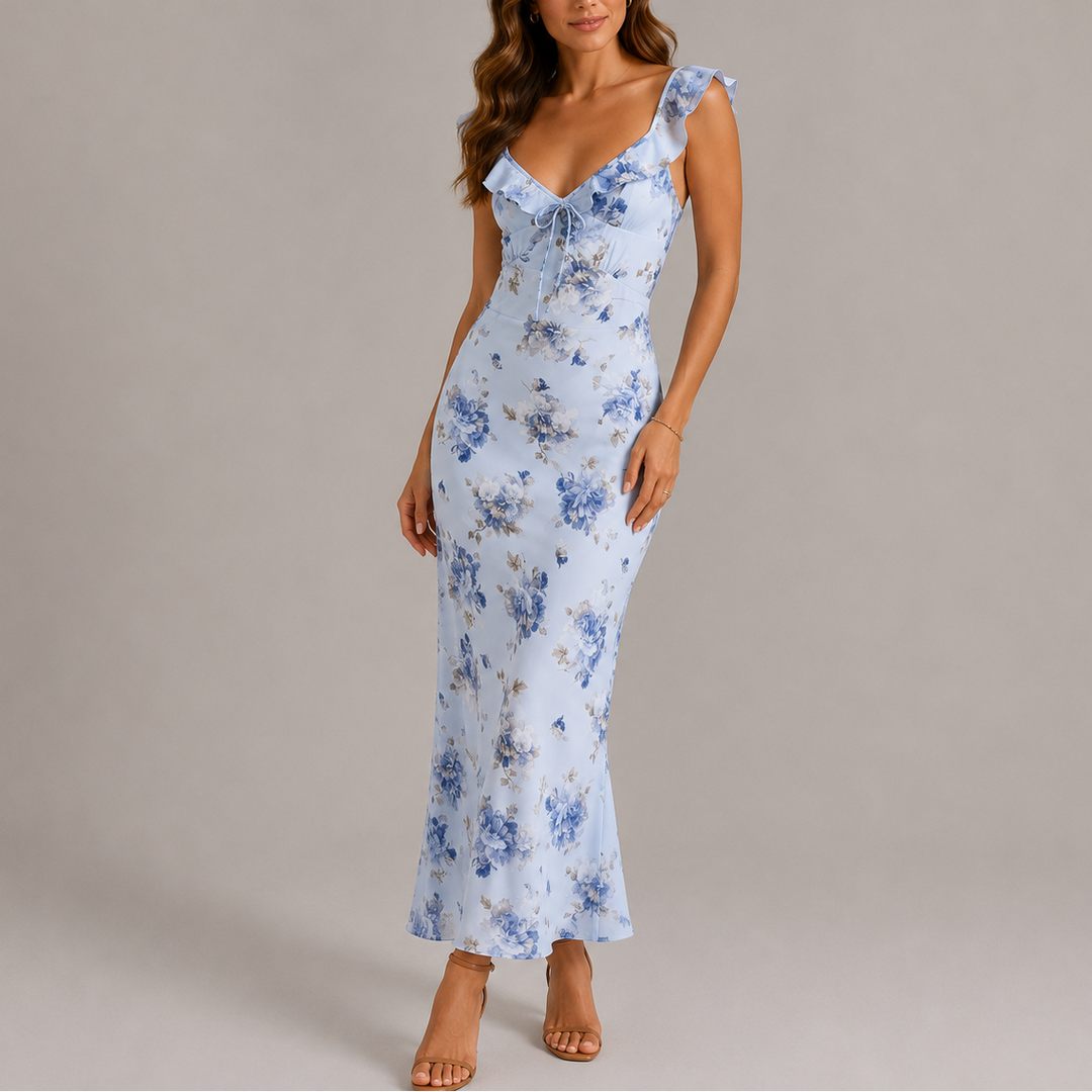 Women’s Floral Maxi Dress with Ruffle Straps and Tie Front 1