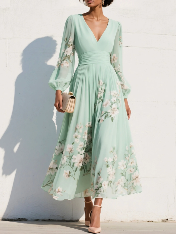 Women’s Floral Midi Dress Lightweight Chiffon with Ruched Waist 0