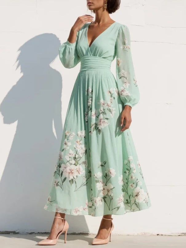 Women’s Floral Midi Dress Lightweight Chiffon with Ruched Waist 1