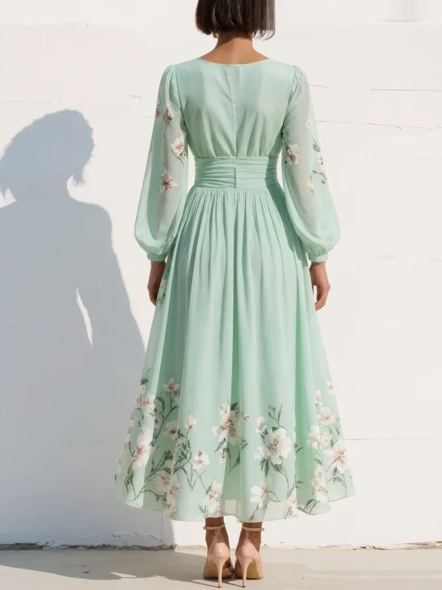 Women’s Floral Midi Dress Lightweight Chiffon with Ruched Waist 2