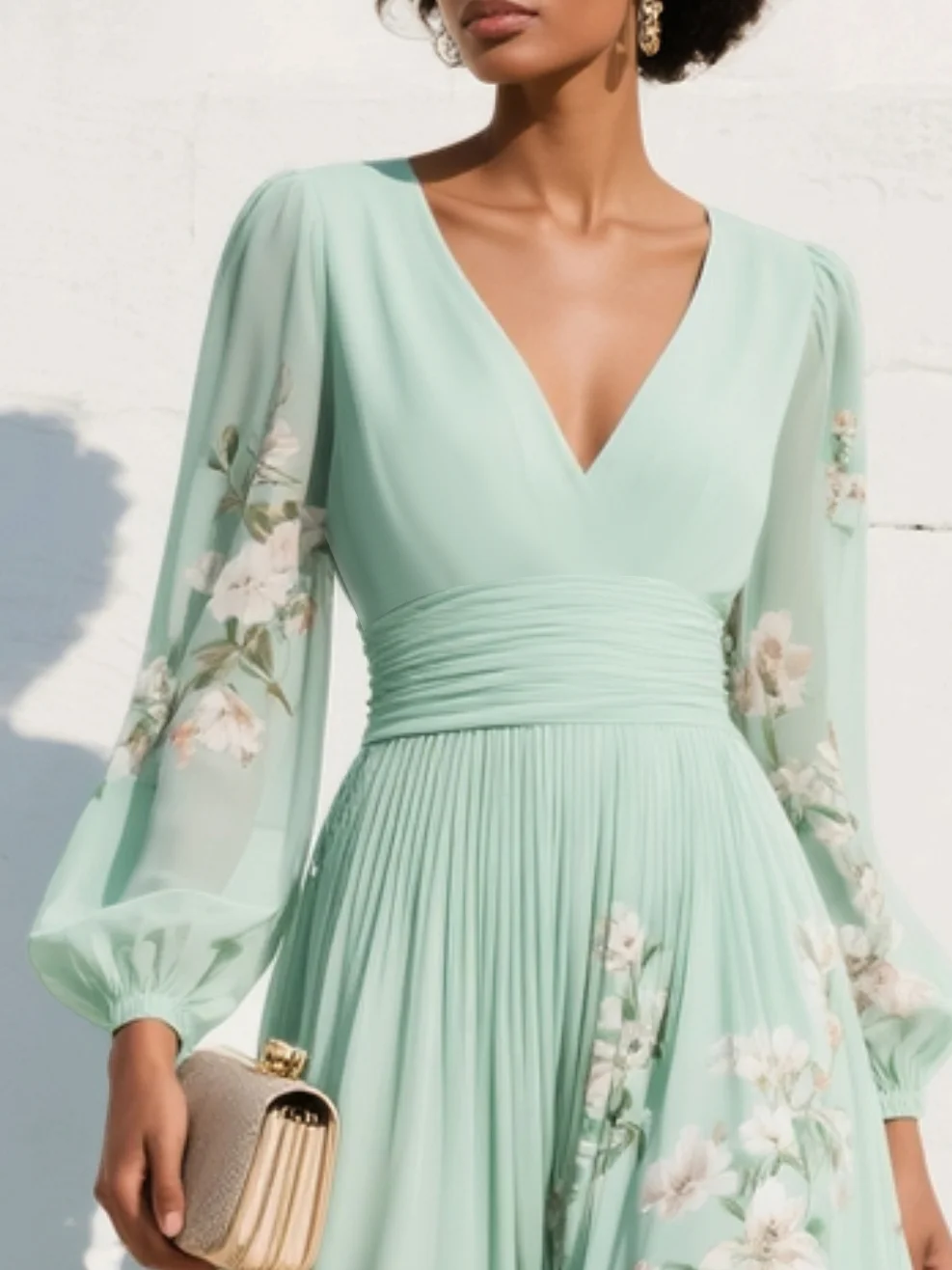 Women’s Floral Midi Dress Lightweight Chiffon with Ruched Waist 3