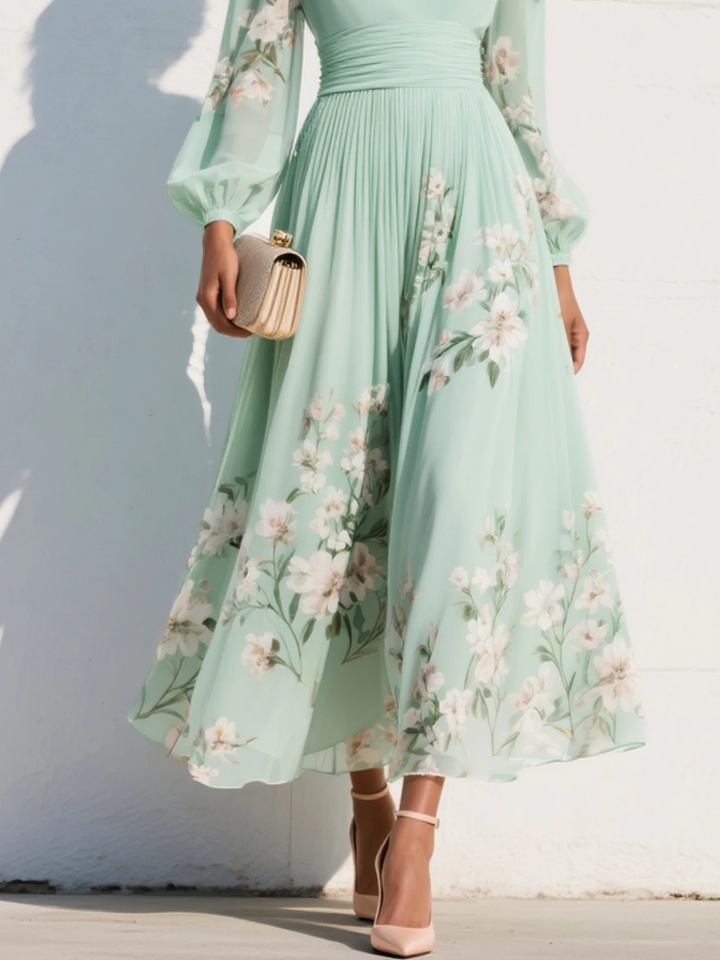 Women’s Floral Midi Dress Lightweight Chiffon with Ruched Waist 4