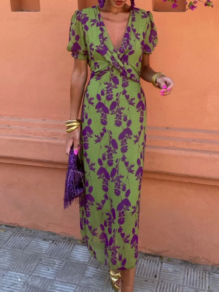 Women’s Floral Midi Dress Lightweight V Neck Short Sleeve Design 0