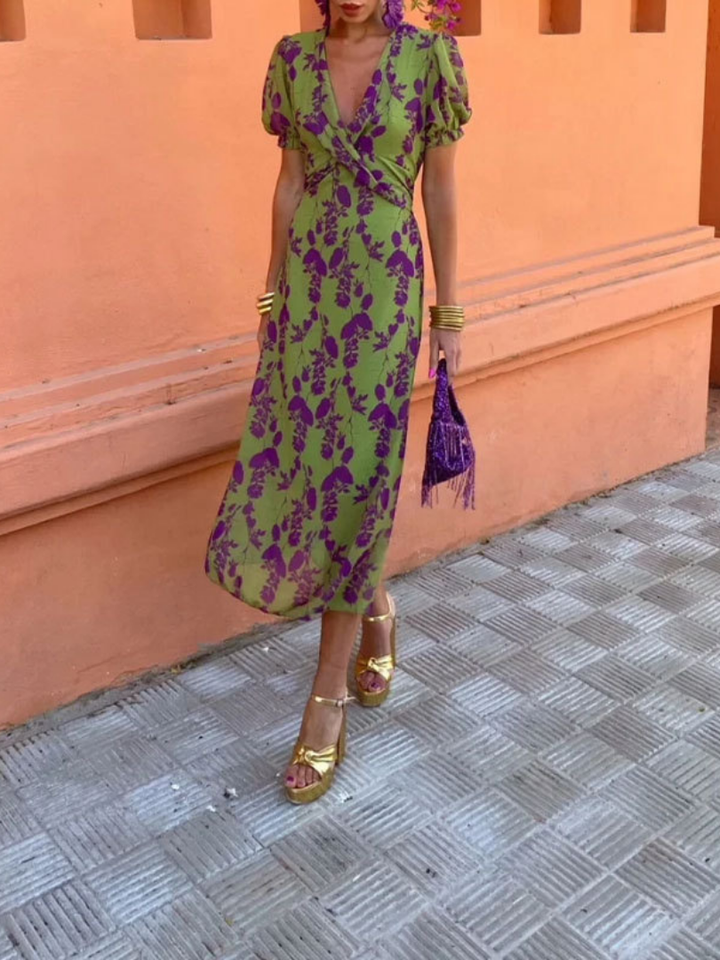 Women’s Floral Midi Dress Lightweight V Neck Short Sleeve Design 1