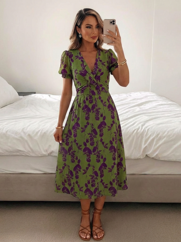 Women’s Floral Midi Dress Lightweight V Neck Short Sleeve Design 5