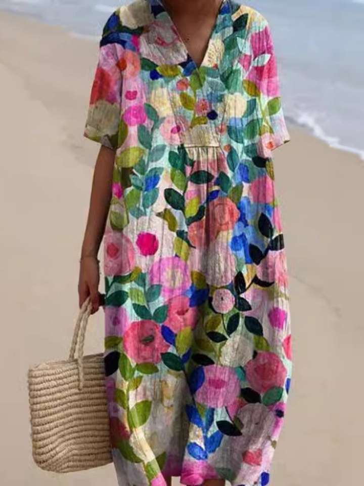 Women’s Floral Midi Dress Relaxed Fit Short Sleeve Summer Style 0