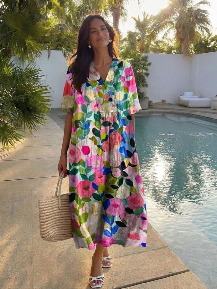 Women’s Floral Midi Dress Relaxed Fit Short Sleeve Summer Style 1