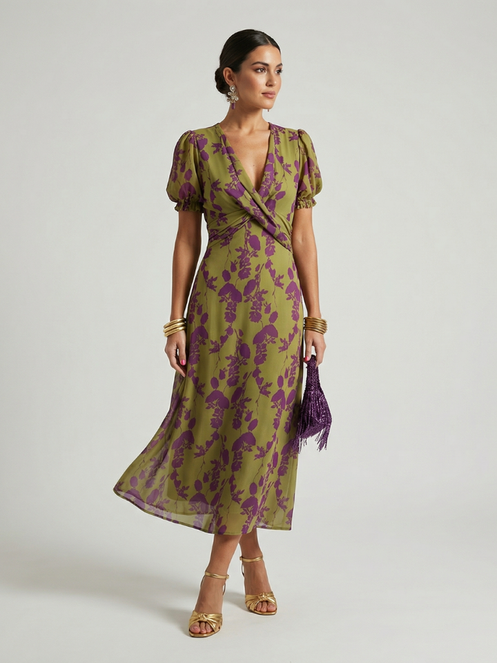 Women’s Floral Midi Dress Relaxed Fit with Wrap V Neckline 0