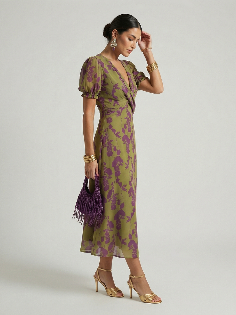 Women’s Floral Midi Dress Relaxed Fit with Wrap V Neckline 1