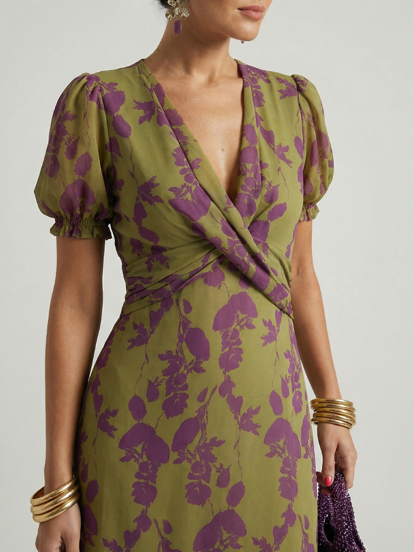 Women’s Floral Midi Dress Relaxed Fit with Wrap V Neckline 2